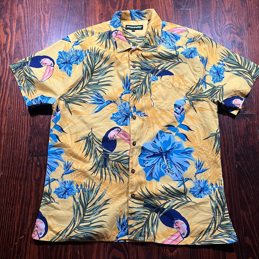 Boardsports XL Tropical Hawaiian Shirt Yellow Relaxed Toucan